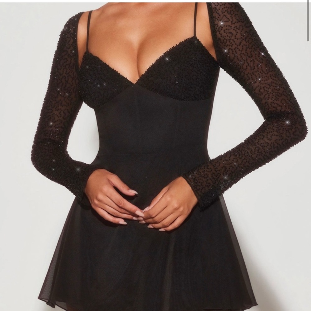 Oh Polly Naples Black Embellished Mesh Sleeve Mini Dress Size 2 Party birthday - Picture 5 of 16